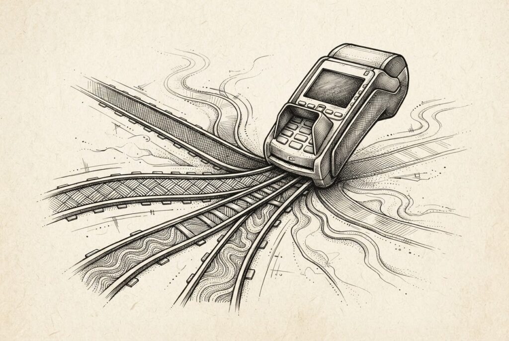 A payment terminal with three diverging protocol paths branching out in different patterns - the hedge strategy, not commitment to one path. Monochrome pen-and-ink engraving on warm off-white paper.