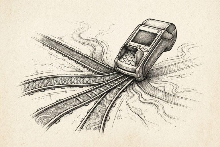 A payment terminal with three diverging protocol paths branching out in different patterns - the hedge strategy, not commitment to one path. Monochrome pen-and-ink engraving on warm off-white paper.