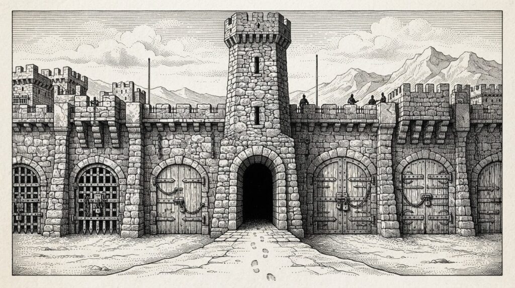 A tall watchtower rising from a wall of locked gates, with its own entrance left wide open - symbolizing the Check Point Security Management Server that controlled all firewall policies but was itself unprotected against unauthenticated attackers.