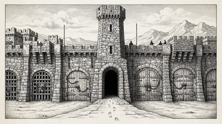 A tall watchtower rising from a wall of locked gates, with its own entrance left wide open - symbolizing the Check Point Security Management Server that controlled all firewall policies but was itself unprotected against unauthenticated attackers.