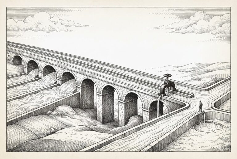 A vast Roman-style aqueduct system with multiple parallel channels - three flowing freely representing MIT-licensed models, one gated with a narrow valve representing revenue-restricted models - converging at a junction where a lone figure chooses which channel to tap
