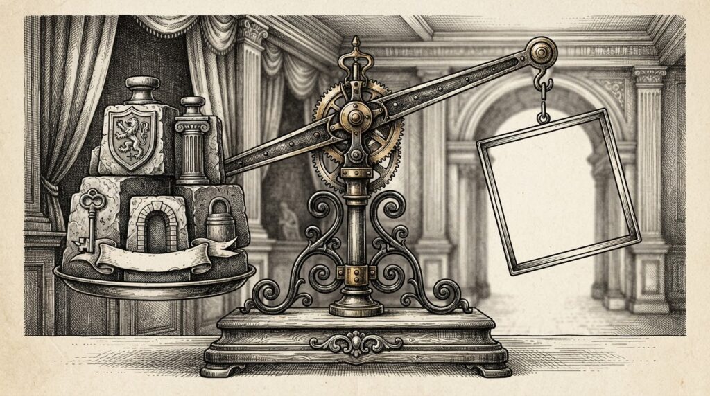 An ornate mechanical weighing scale with heavy institutional counterweights balanced precariously against an empty regulatory frame