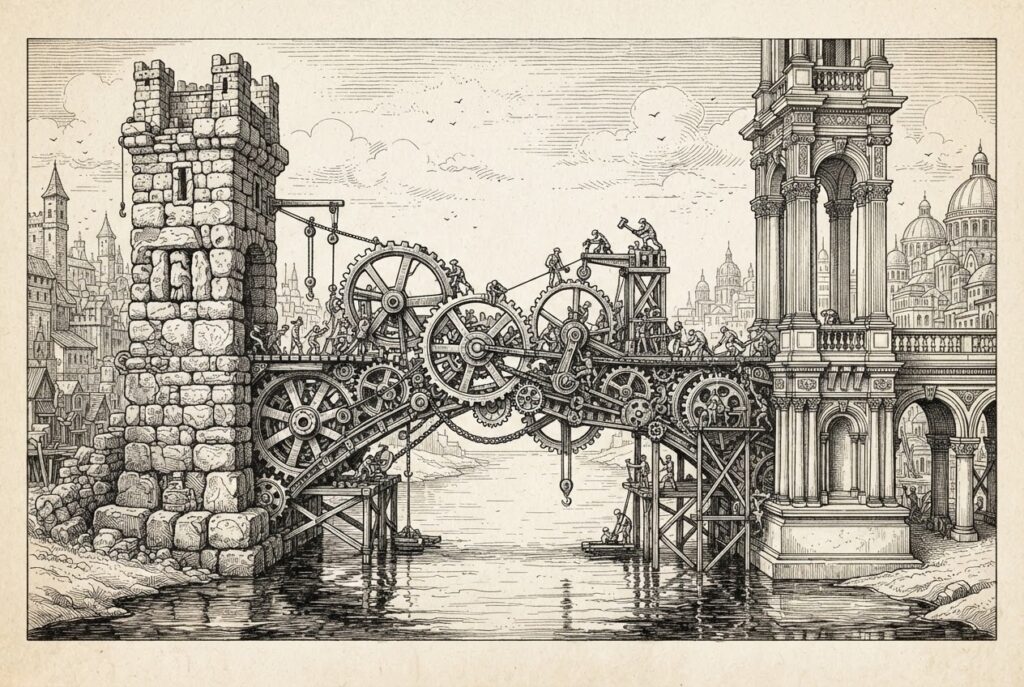 Two ornate stone pillars face each other across a narrow strait, with a bridge of interlocking gears being assembled between them - old versus new financial infrastructure converging