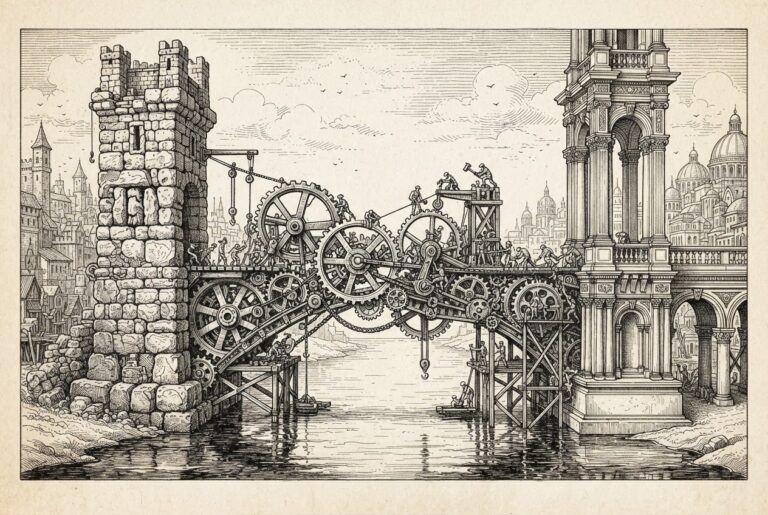 Two ornate stone pillars face each other across a narrow strait, with a bridge of interlocking gears being assembled between them - old versus new financial infrastructure converging