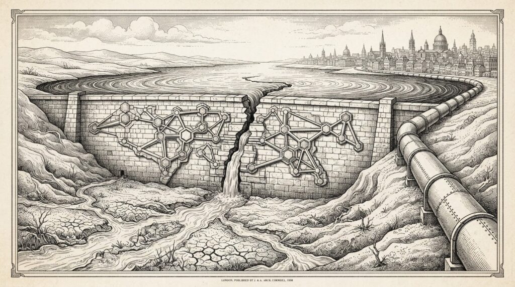 Pen-and-ink engraving of a cracked dam representing USDC liquidity on Noble blockchain, with tributary channels running dry and a large institutional pipeline bypassing the dam entirely