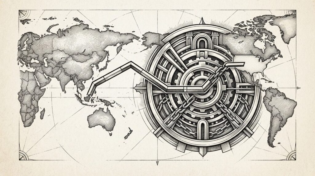 A monochrome pen-and-ink engraving of a stylized world map with Singapore and the United States highlighted, connected by a bold geometric line representing cross-border payment rails being absorbed into a larger structural framework.