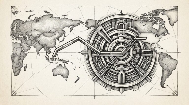 A monochrome pen-and-ink engraving of a stylized world map with Singapore and the United States highlighted, connected by a bold geometric line representing cross-border payment rails being absorbed into a larger structural framework.