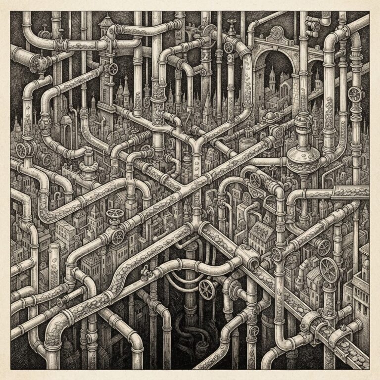 A network of interlocking pipes and channels with coins flowing through them — settlement infrastructure as plumbing. Monochrome pen-and-ink engraving.