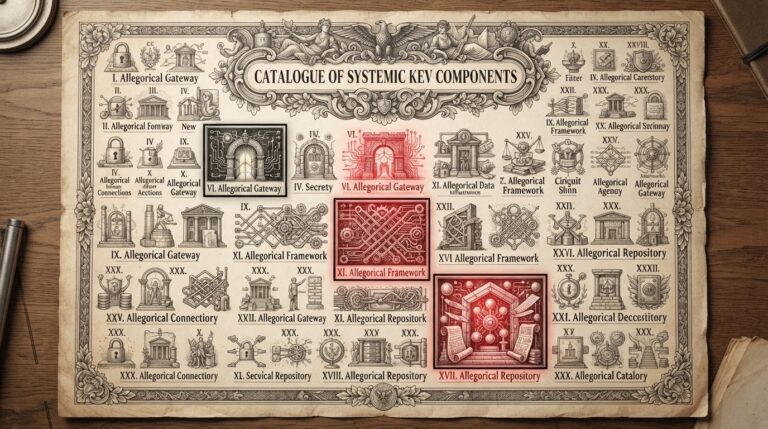 Monochrome pen-and-ink engraving of a federal KEV catalog document with seven entries highlighted, three representing AI infrastructure layers