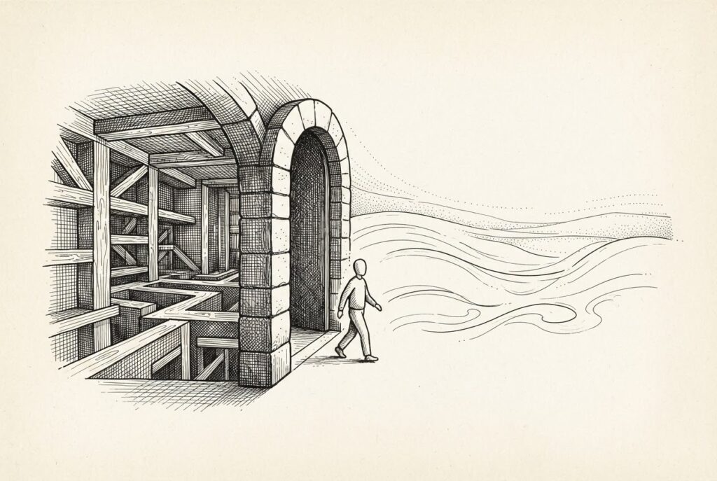A faceless figure stands at a heavy arched threshold, caught mid-step between two worlds — to the left, a dense structured interior of cross-hatched walls and organized compartments representing on-premises control; to the right, open flowing space with lighter linework representing managed cloud. The threshold itself is the heaviest element, rendered with deep shadow, representing the weight of the governance decision.