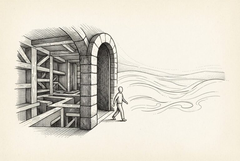 A faceless figure stands at a heavy arched threshold, caught mid-step between two worlds — to the left, a dense structured interior of cross-hatched walls and organized compartments representing on-premises control; to the right, open flowing space with lighter linework representing managed cloud. The threshold itself is the heaviest element, rendered with deep shadow, representing the weight of the governance decision.