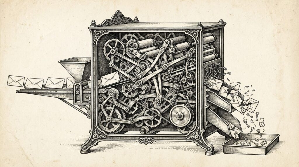 A Victorian postal sorting machine with its side panel removed reveals corrupted internal mechanisms - ordinary envelopes enter on the left but emerge cracked open with skeleton keys and unlocked padlocks falling out, representing the trusted email gateway becoming the attack vector