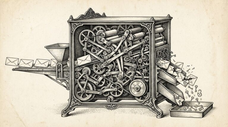 A Victorian postal sorting machine with its side panel removed reveals corrupted internal mechanisms - ordinary envelopes enter on the left but emerge cracked open with skeleton keys and unlocked padlocks falling out, representing the trusted email gateway becoming the attack vector