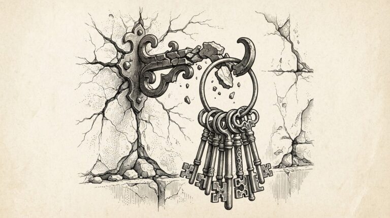 Ornate brass skeleton keys hanging from a crumbling wrought-iron hook, cracks spreading through the wall behind it - the mounting system that holds the keys is failing while the keys themselves remain intact