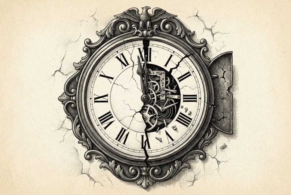 An ornate wall clock with its face cracked through the center, hands pointing at midnight, symbolizing a compliance deadline reaching zero while the security management tool itself fails.