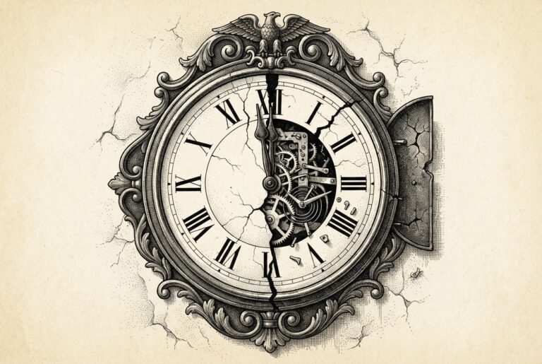 An ornate wall clock with its face cracked through the center, hands pointing at midnight, symbolizing a compliance deadline reaching zero while the security management tool itself fails.