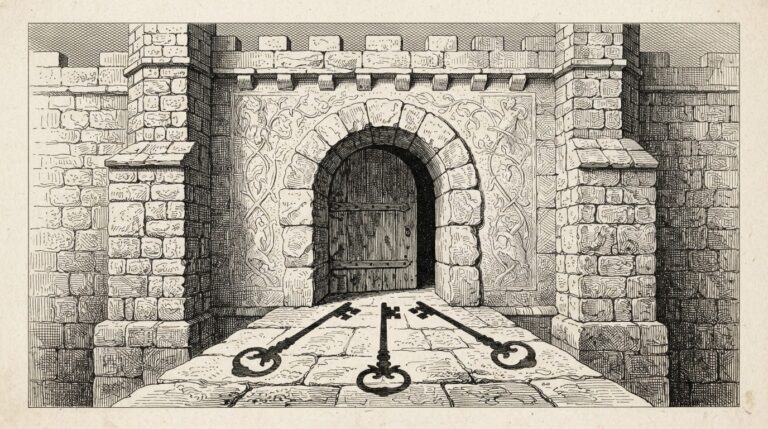 A massive stone fortress wall with a single entrance, three identical shadows of keys falling across the threshold simultaneously from different directions - the same platform breached three different ways at once. Monochrome pen-and-ink engraving on warm paper.