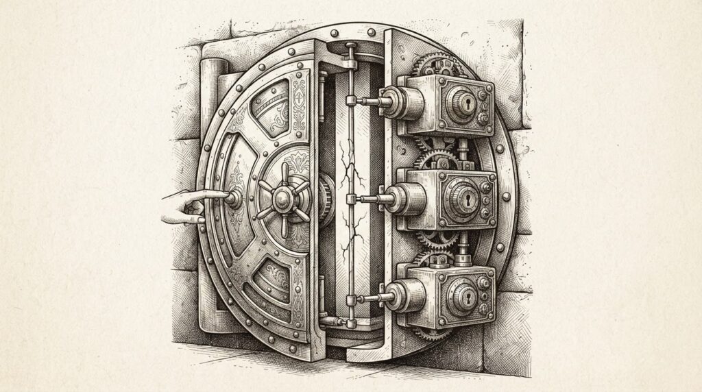 Pen-and-ink illustration of a vault door with three ornate locks connecting to a single thin cracked bolt, representing centralized management plane authentication failures