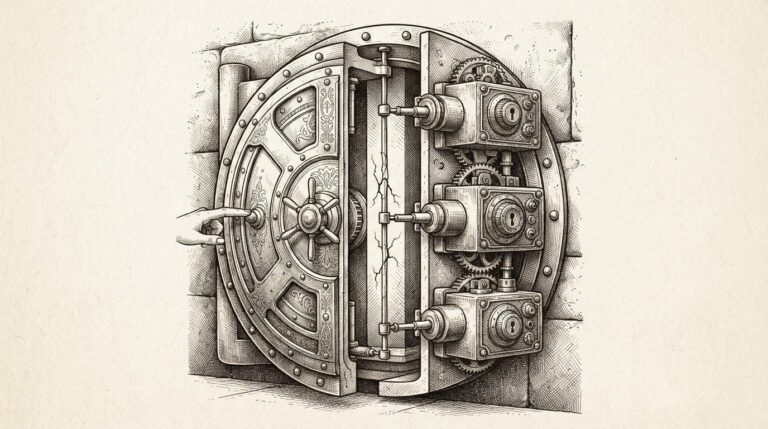 Pen-and-ink illustration of a vault door with three ornate locks connecting to a single thin cracked bolt, representing centralized management plane authentication failures