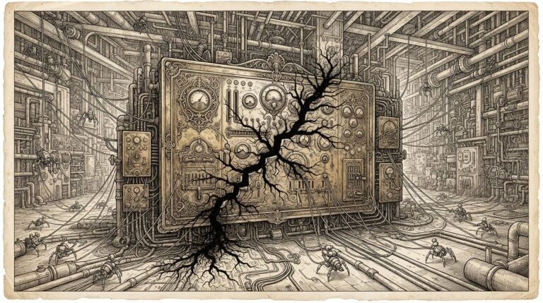 A massive ornate brass switchboard at the center of a vast network of copper pipes and cables, with a visible crack running through it and dark ink seeping into the surrounding network, symbolizing infrastructure vulnerability in AI data centers.