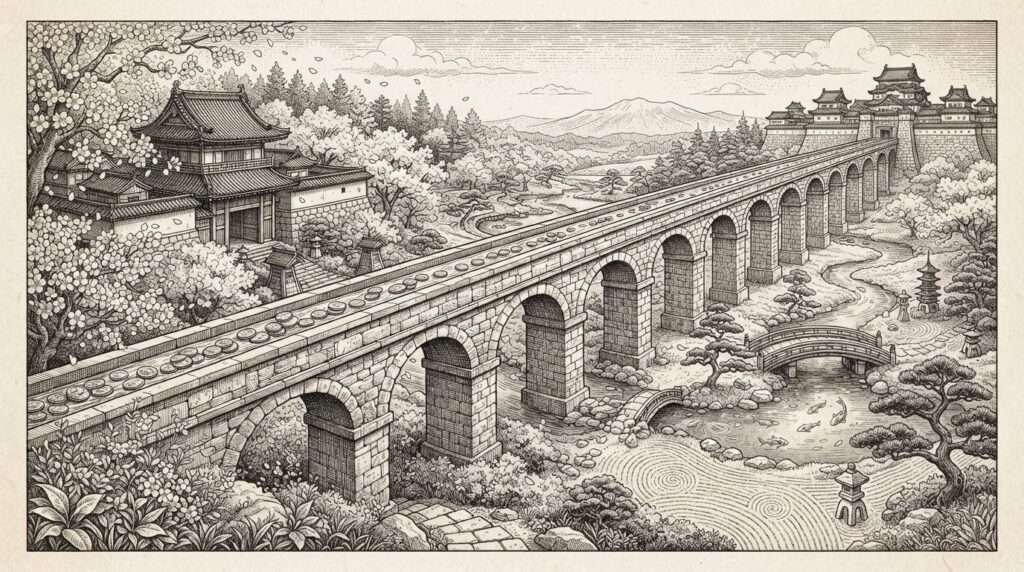 Pen-and-ink illustration of a stone aqueduct carrying tokens across a Japanese landscape, representing cross-border tokenized deposit transfer