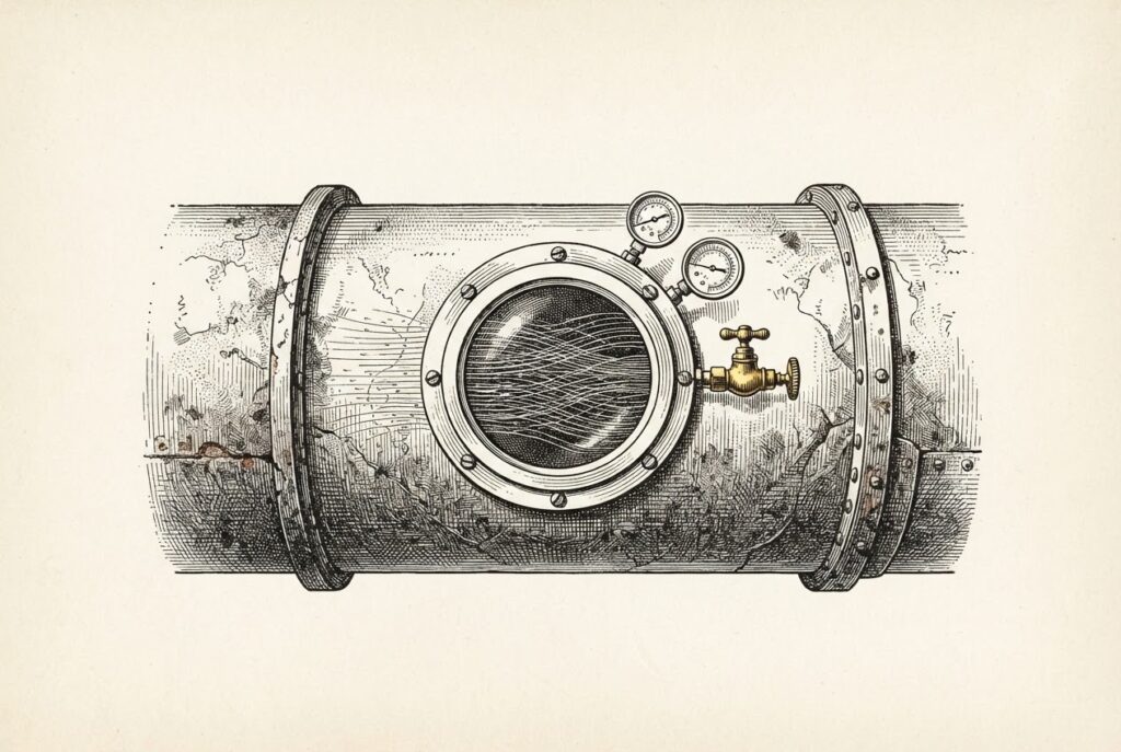 A single large industrial pipe, rendered as an antique engraving, with a new inspection port cut into its wall. Through the port, flowing threads represent agent traffic moving through existing infrastructure. Pressure gauges and a brass valve are attached to the port - governance and measurement added to something that already exists.