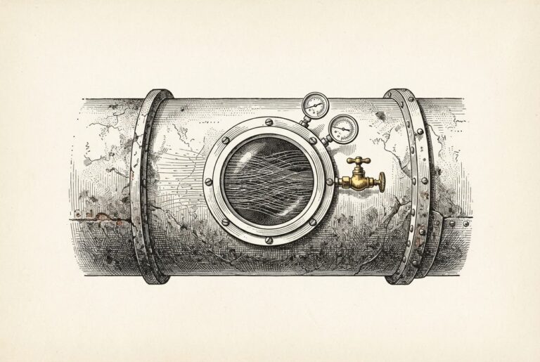 A single large industrial pipe, rendered as an antique engraving, with a new inspection port cut into its wall. Through the port, flowing threads represent agent traffic moving through existing infrastructure. Pressure gauges and a brass valve are attached to the port - governance and measurement added to something that already exists.