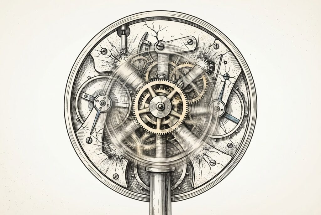 An intricate clockwork mechanism with gears being forced to rotate at high speed, grinding against safety-locks - the tension between safety-conscious deceleration and market-driven acceleration.