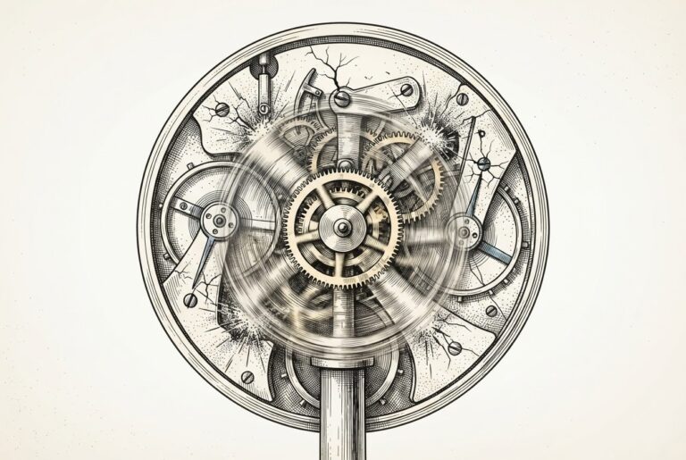 An intricate clockwork mechanism with gears being forced to rotate at high speed, grinding against safety-locks - the tension between safety-conscious deceleration and market-driven acceleration.