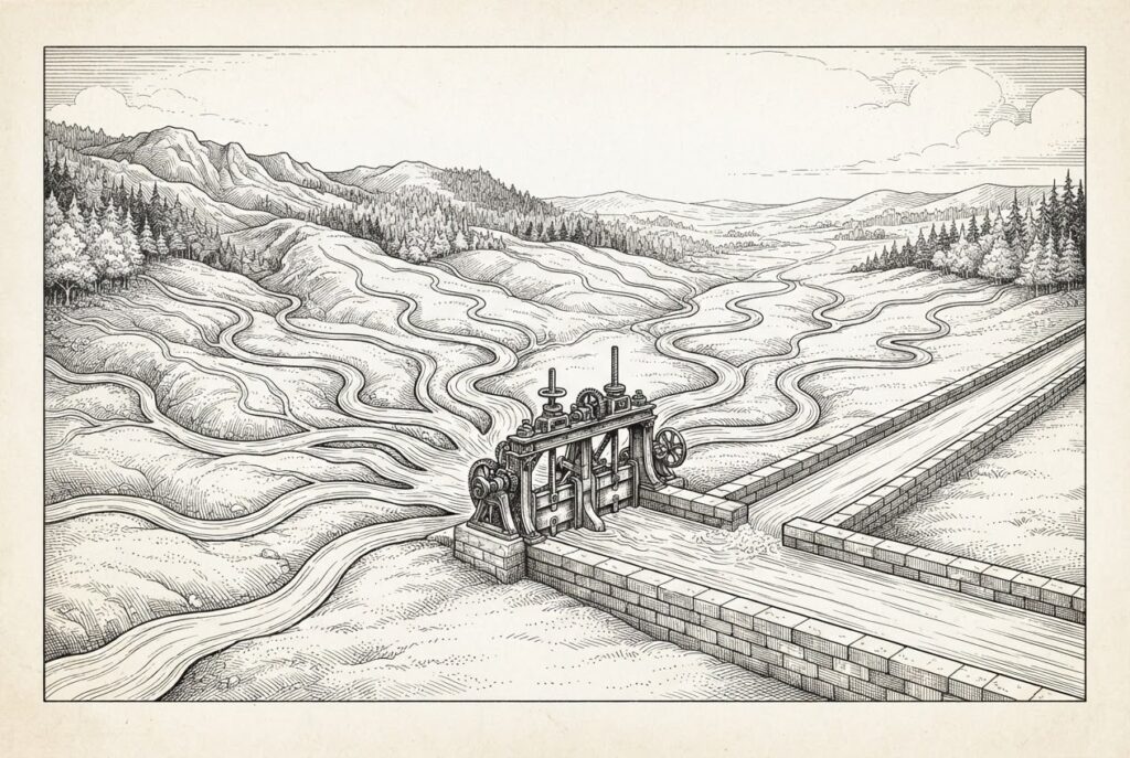 Twenty-five separate streams converging into a single engineered stone canal with a mechanical sluice gate at the convergence point - the institutional settlement layer forming