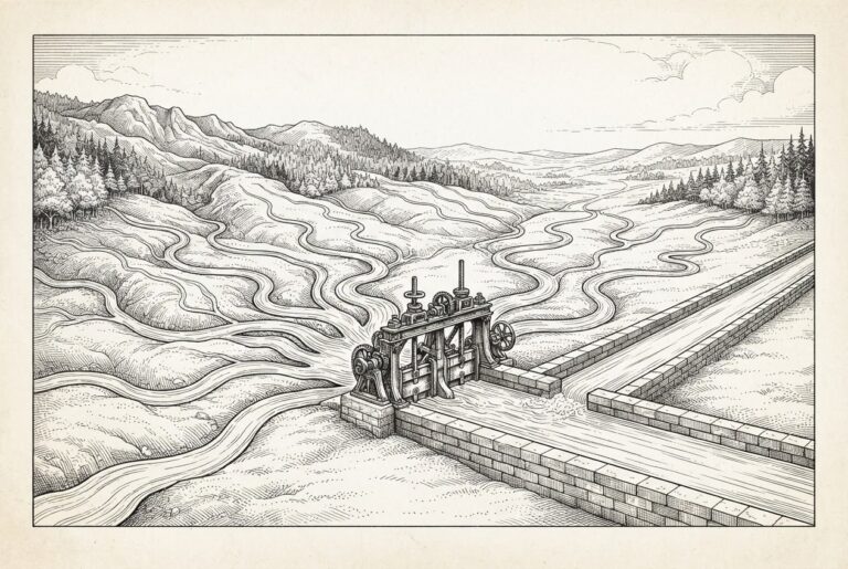 Twenty-five separate streams converging into a single engineered stone canal with a mechanical sluice gate at the convergence point - the institutional settlement layer forming