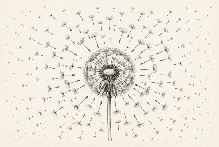 An abstract dandelion seed head with identical seeds floating away in all directions, representing the standardized agent harness pattern distributed across the edge network.
