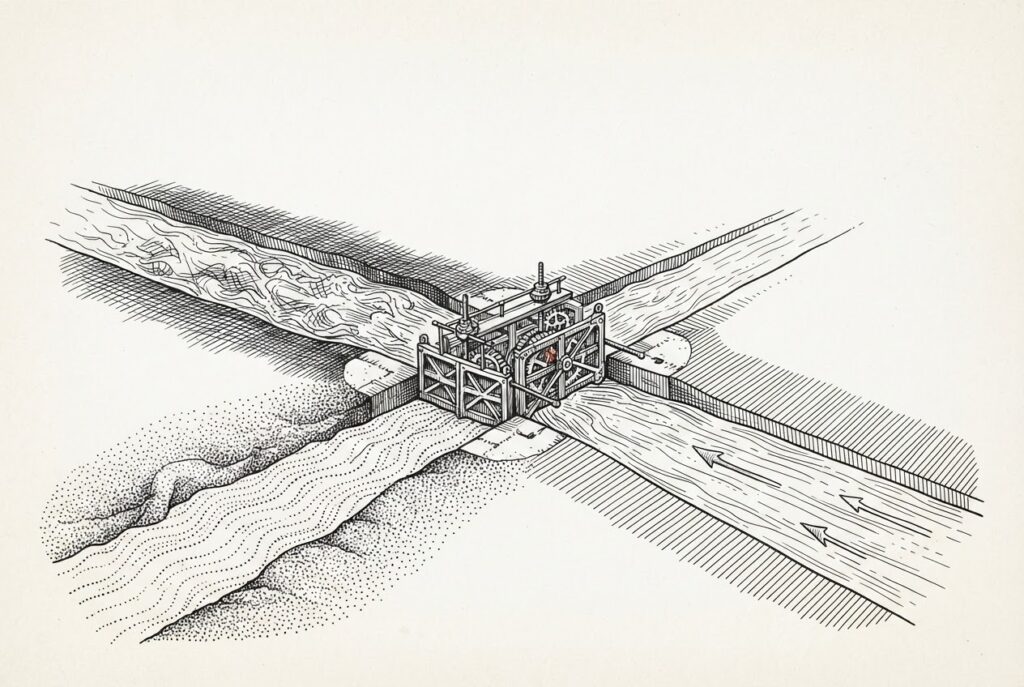 Three distinct water channels of different textures converging through a single canal lock mechanism with gears - representing different protocols flowing through one standardized CNCF infrastructure passage
