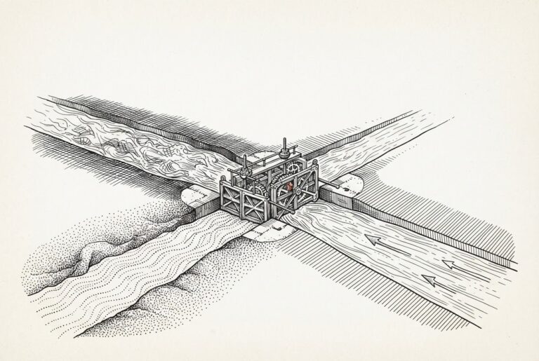Three distinct water channels of different textures converging through a single canal lock mechanism with gears - representing different protocols flowing through one standardized CNCF infrastructure passage