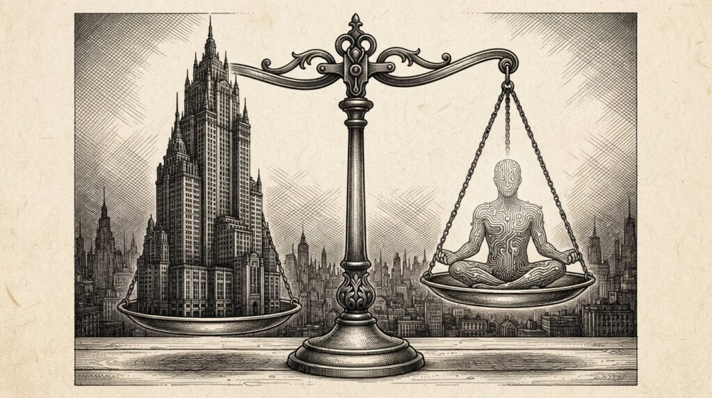 Pen-and-ink engraving of a massive corporate skyscraper balanced against a tiny humanoid figure on scales, symbolizing enterprise value inversion