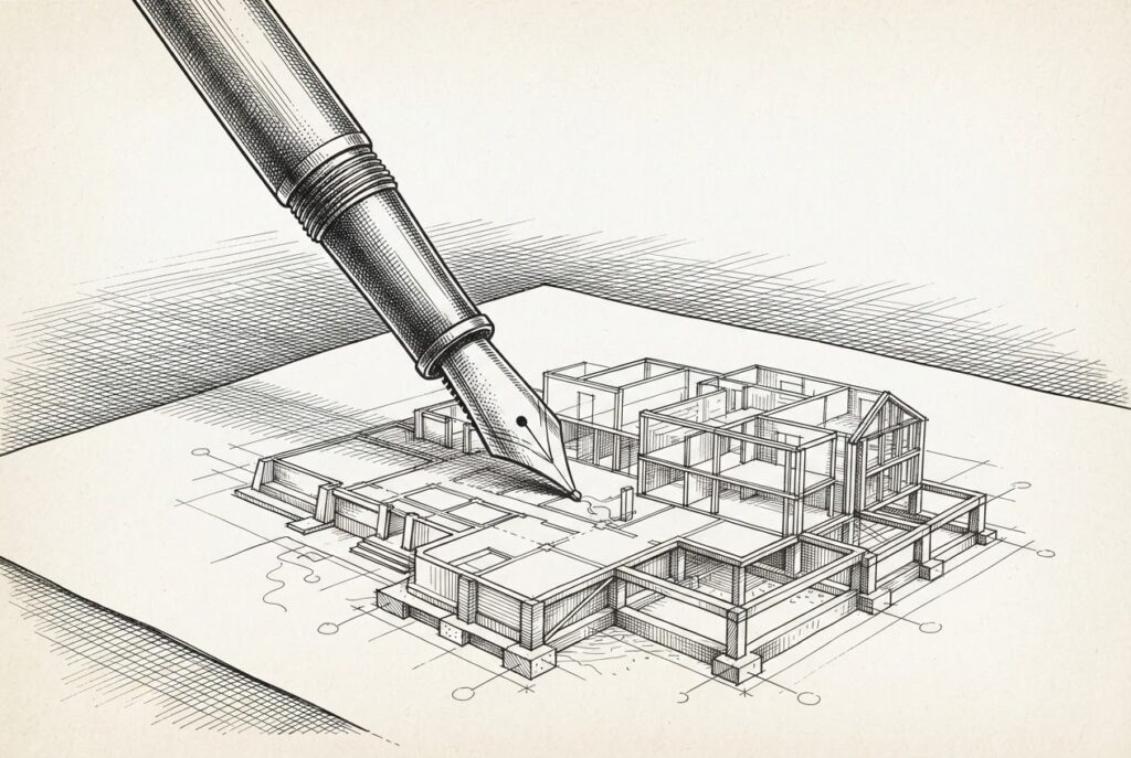 A fountain pen drawing architectural blueprints that form the structure of a building - the tool creating the infrastructure that supports it