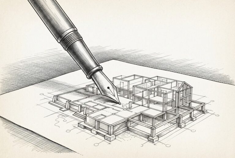 A fountain pen drawing architectural blueprints that form the structure of a building - the tool creating the infrastructure that supports it
