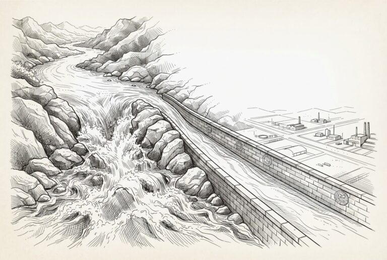 A wide river splitting at a fork into two distinct channels - one broad and turbulent representing unconstrained hyperscaler capital, the other narrow and architecturally walled representing sovereign industrial policy - monochrome pen-and-ink engraving on warm paper