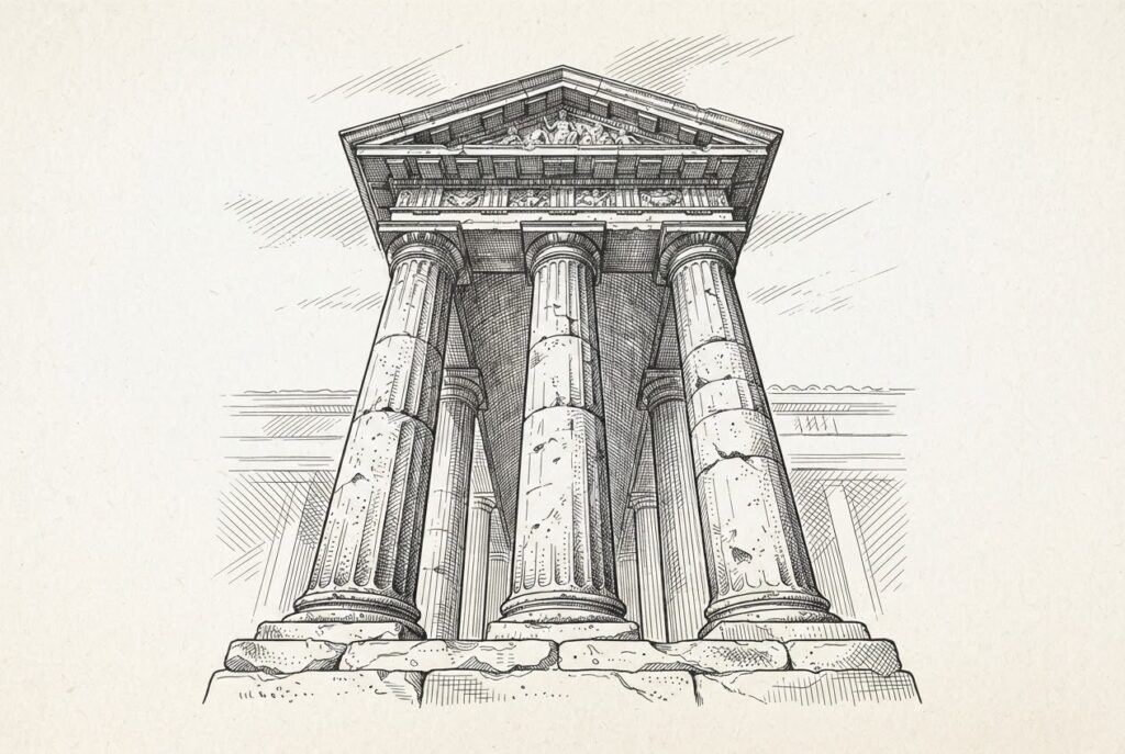 Three massive stone columns supporting a heavy pediment of a market hall—the structure complete and load-bearing.