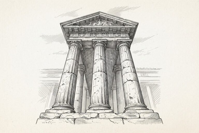 Three massive stone columns supporting a heavy pediment of a market hall—the structure complete and load-bearing.