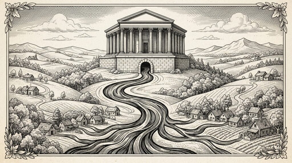 A grand classical building with columns representing a traditional bank, with a river of ink flowing from its foundation outward through rolling countryside toward a cluster of small cottages representing community banks. Monochrome pen-and-ink engraving on warm paper.