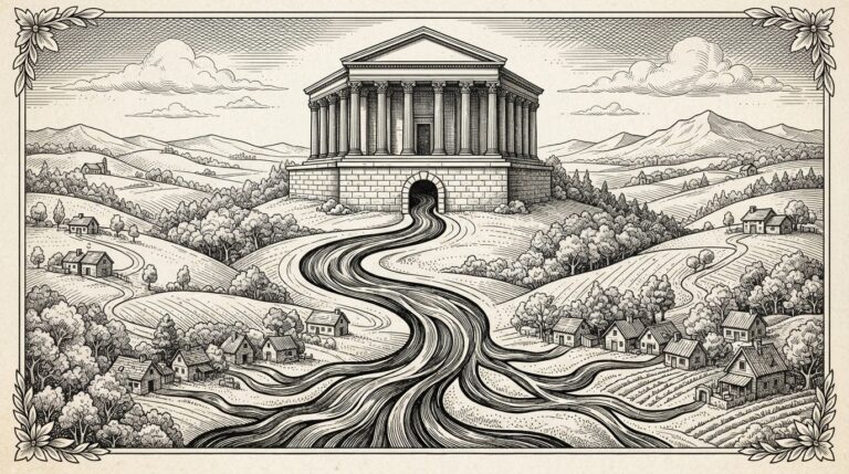 A grand classical building with columns representing a traditional bank, with a river of ink flowing from its foundation outward through rolling countryside toward a cluster of small cottages representing community banks. Monochrome pen-and-ink engraving on warm paper.