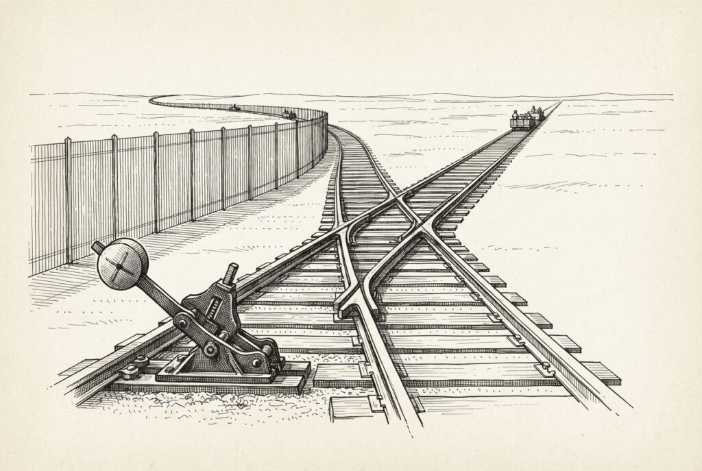 Two parallel railroad tracks diverging at a switch mechanism - one running freely through open terrain, the other fenced in - representing the international path flowing freely while the domestic track is locked behind regulation