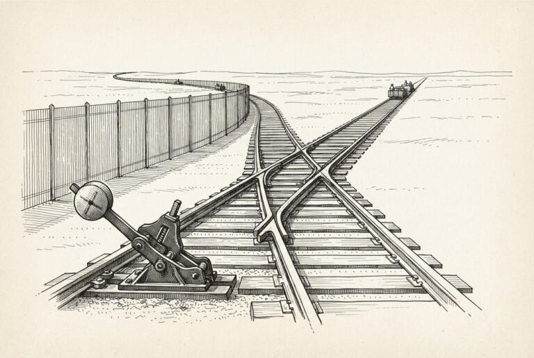 Two parallel railroad tracks diverging at a switch mechanism - one running freely through open terrain, the other fenced in - representing the international path flowing freely while the domestic track is locked behind regulation