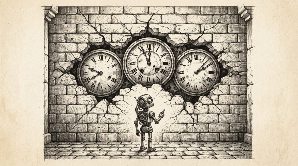 Pen-and-ink engraving of a cracked regulatory wall with compliance deadline clocks and an autonomous AI agent below
