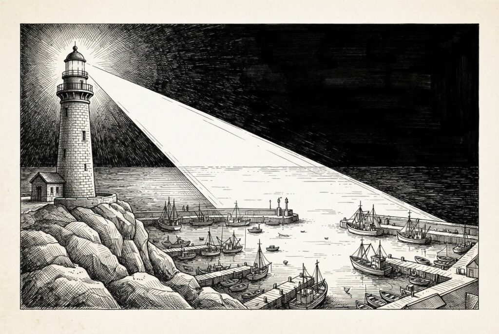 A lighthouse on a rocky promontory whose beam illuminates a harbor full of boats, while the open sea beyond the beam's reach is dark and uncharted - representing the CRA's structural gap between product security regulation and agent behavior.