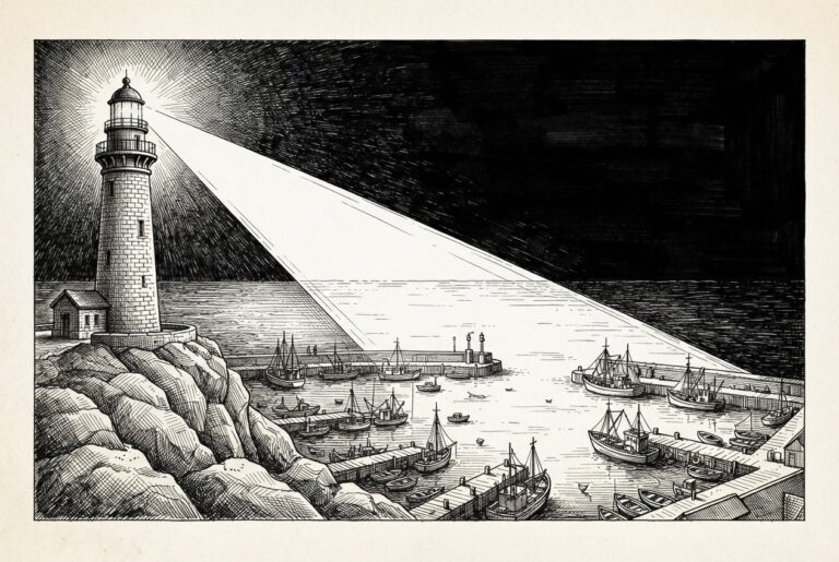 A lighthouse on a rocky promontory whose beam illuminates a harbor full of boats, while the open sea beyond the beam's reach is dark and uncharted - representing the CRA's structural gap between product security regulation and agent behavior.