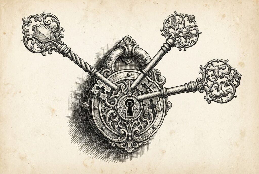 Three antique mechanical keys of different shapes converging on a single ornate lock represent three competing payment networks building interoperable agent identity verification