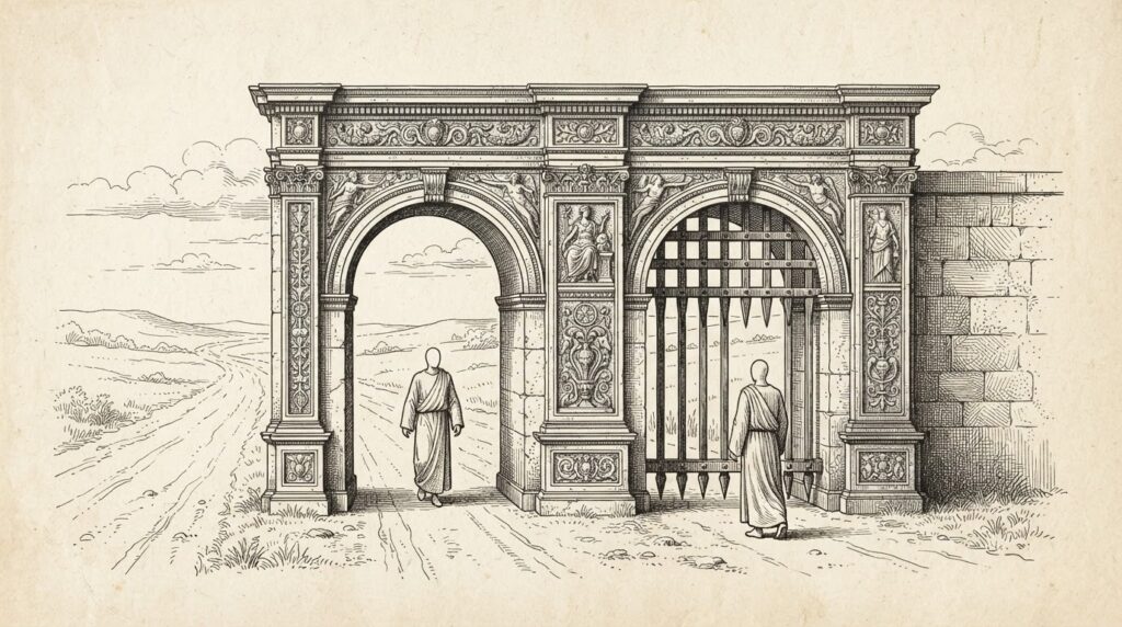 A stone customs checkpoint stands in the center of the frame, ornate and engraved with fine detail. Two faceless figures in simple robes approach from the left along an open, plain road. One figure passes freely through an open archway. The second figure is stopped by a lowered iron portcullis gate that blocks the passage. The checkpoint represents runtime enforcement where governance actually happens.