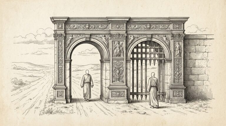 A stone customs checkpoint stands in the center of the frame, ornate and engraved with fine detail. Two faceless figures in simple robes approach from the left along an open, plain road. One figure passes freely through an open archway. The second figure is stopped by a lowered iron portcullis gate that blocks the passage. The checkpoint represents runtime enforcement where governance actually happens.